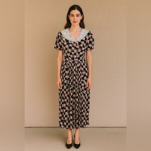 Vintage 80s Regencycore Navy Blue Floral Lace Cottagecore Maxi Dress Sz Medium